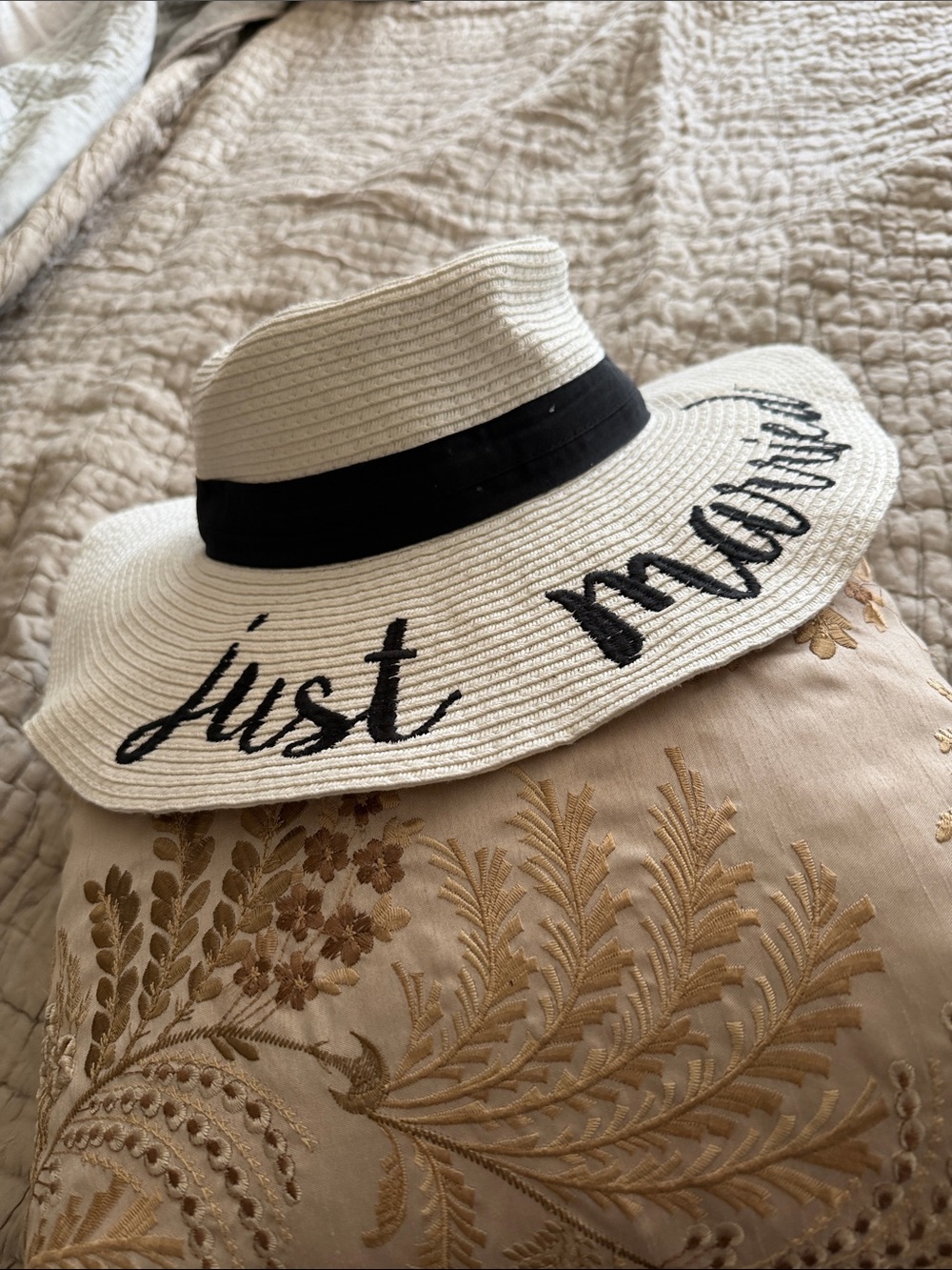Just Married white with black embroidery paper hat adjustable
